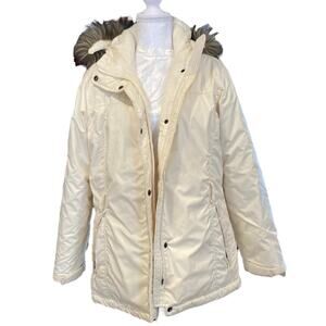 Lands End White Fur Lined Down Filled Hooded Winter Puffer Parka Coat Sz Medium